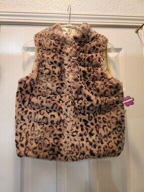Epic Threads Child Large Reversible Faux Fur Puffer Vest Gold/Leopard.